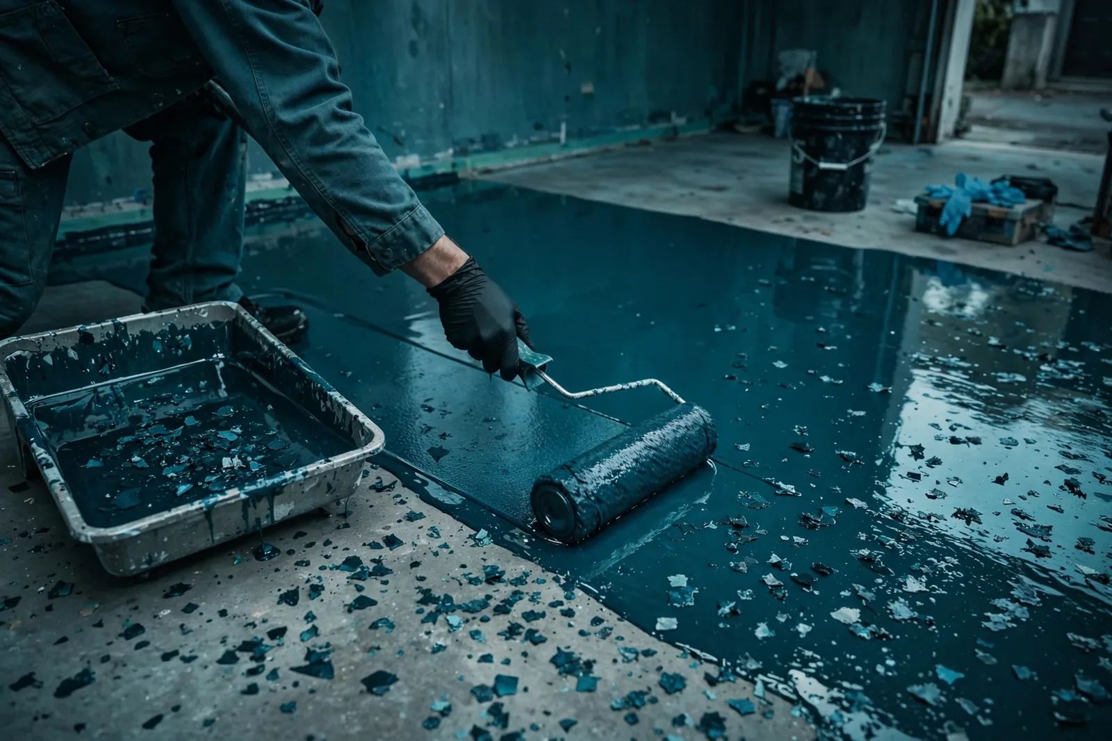 Roller applying epoxy coating to a concrete garage floor