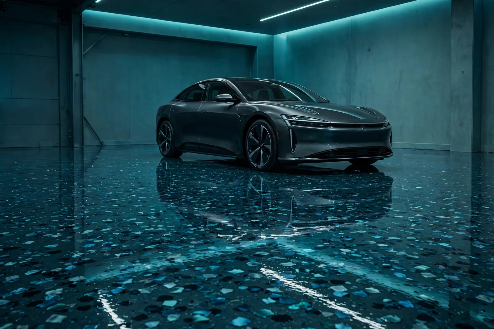 Glossy flake epoxy garage floor with a car parked on it